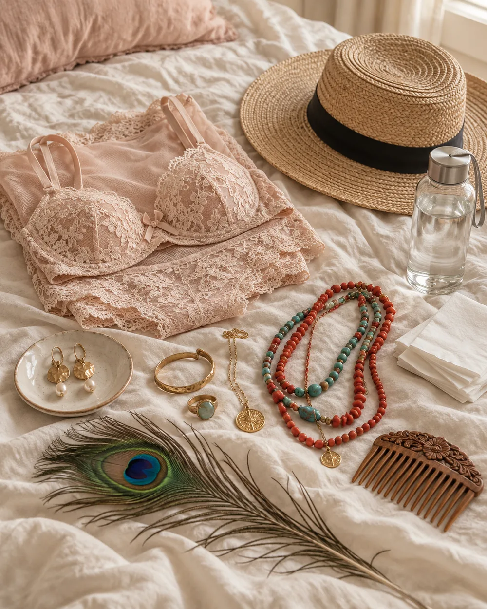 Lace lingerie, earrings, gold jewelry, coral and turquoise beads, peacock feather, hat, comb, water bottle and tissues