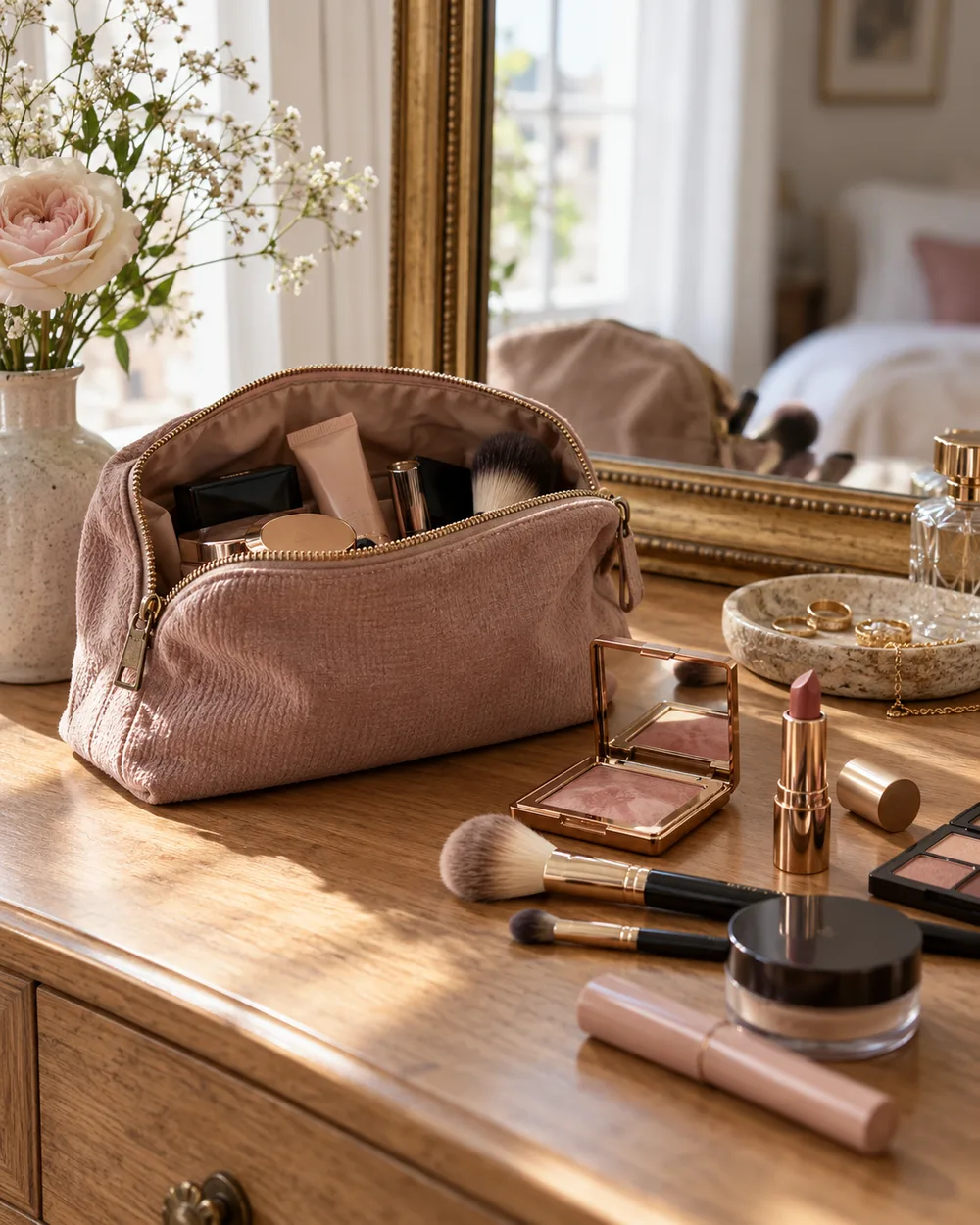 Makeup brushes and a small makeup kit on a sunlit dressing table