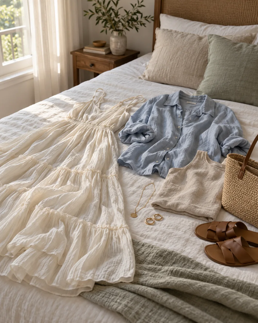 A cream dress, blue shirt and accessories laid out on a bed